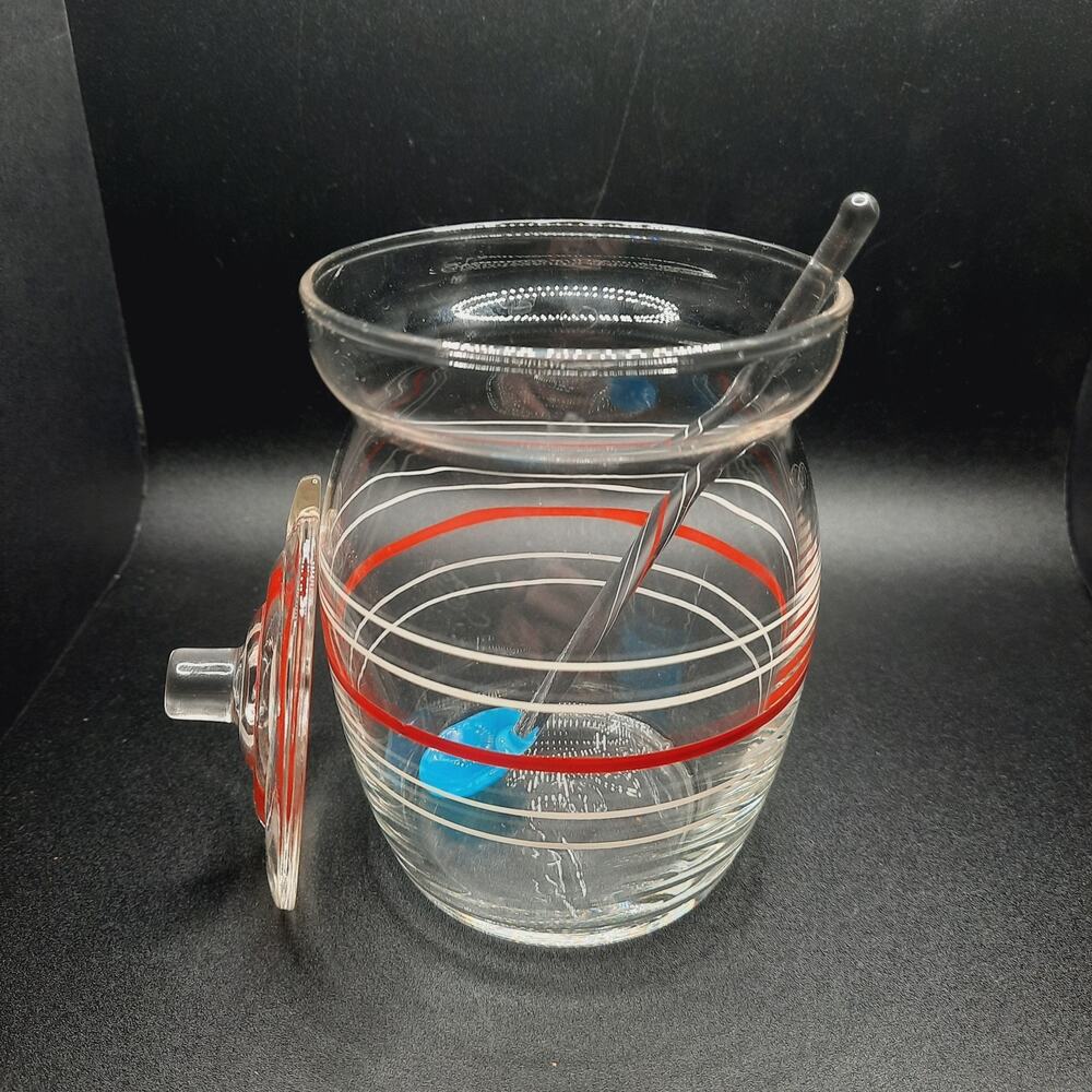 Vintage Mid-Century Red & White Striped Honey Jam Jar Pot Lid Glass Spoon - Picture 2 of 10